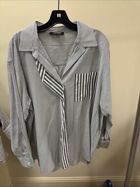 Lafayette 148 New York Black & White Striped Button-Down Blouse